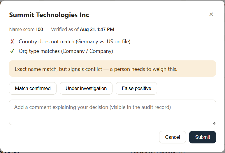 Investigation panel showing a conflicting signal on an exact name match, with options to confirm, investigate, or mark as a false positive