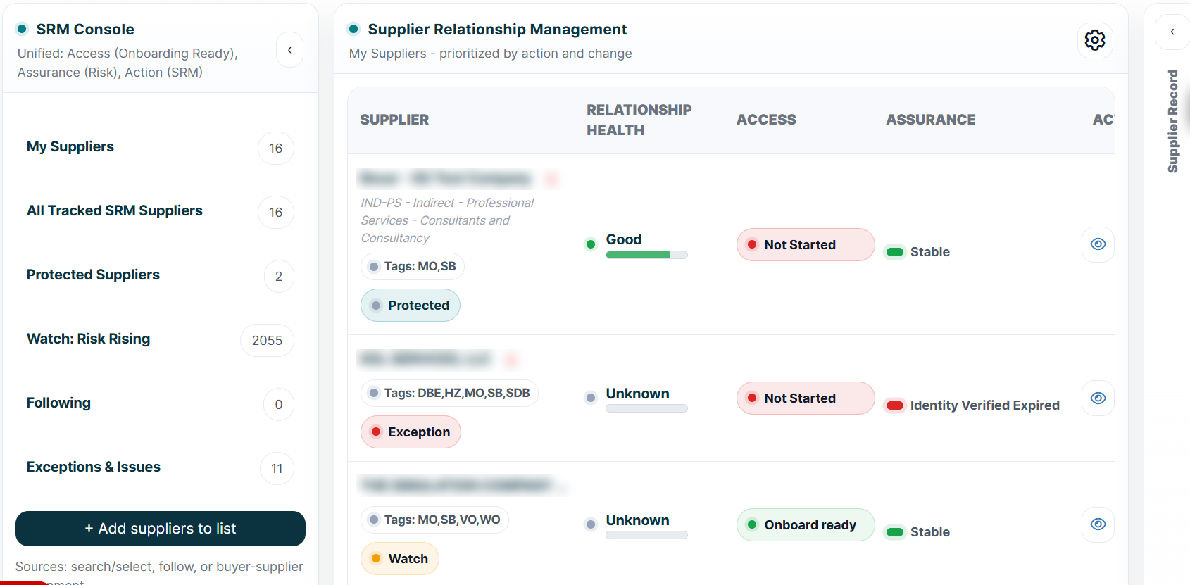 The SRM console listing suppliers with Access, Assurance and Action status for each